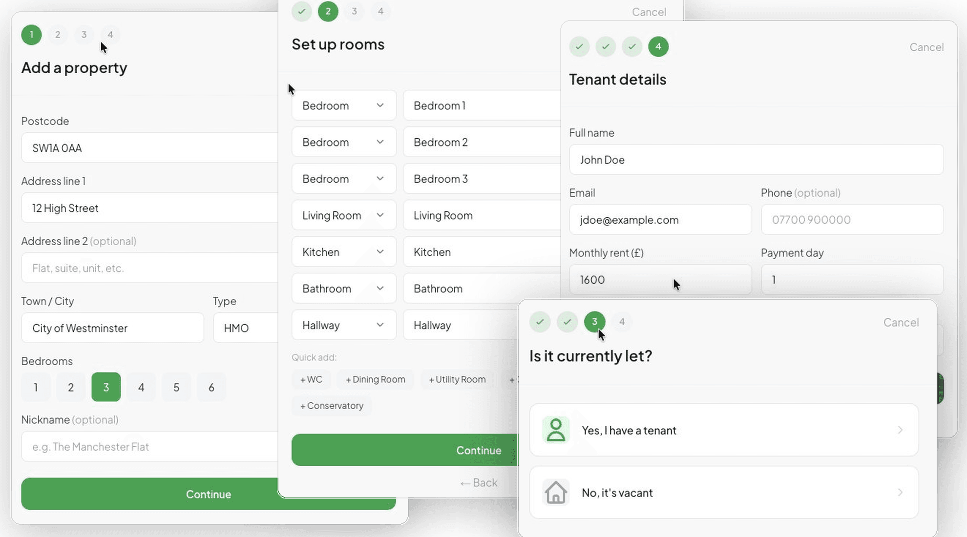 Add property wizard showing address and room setup cards